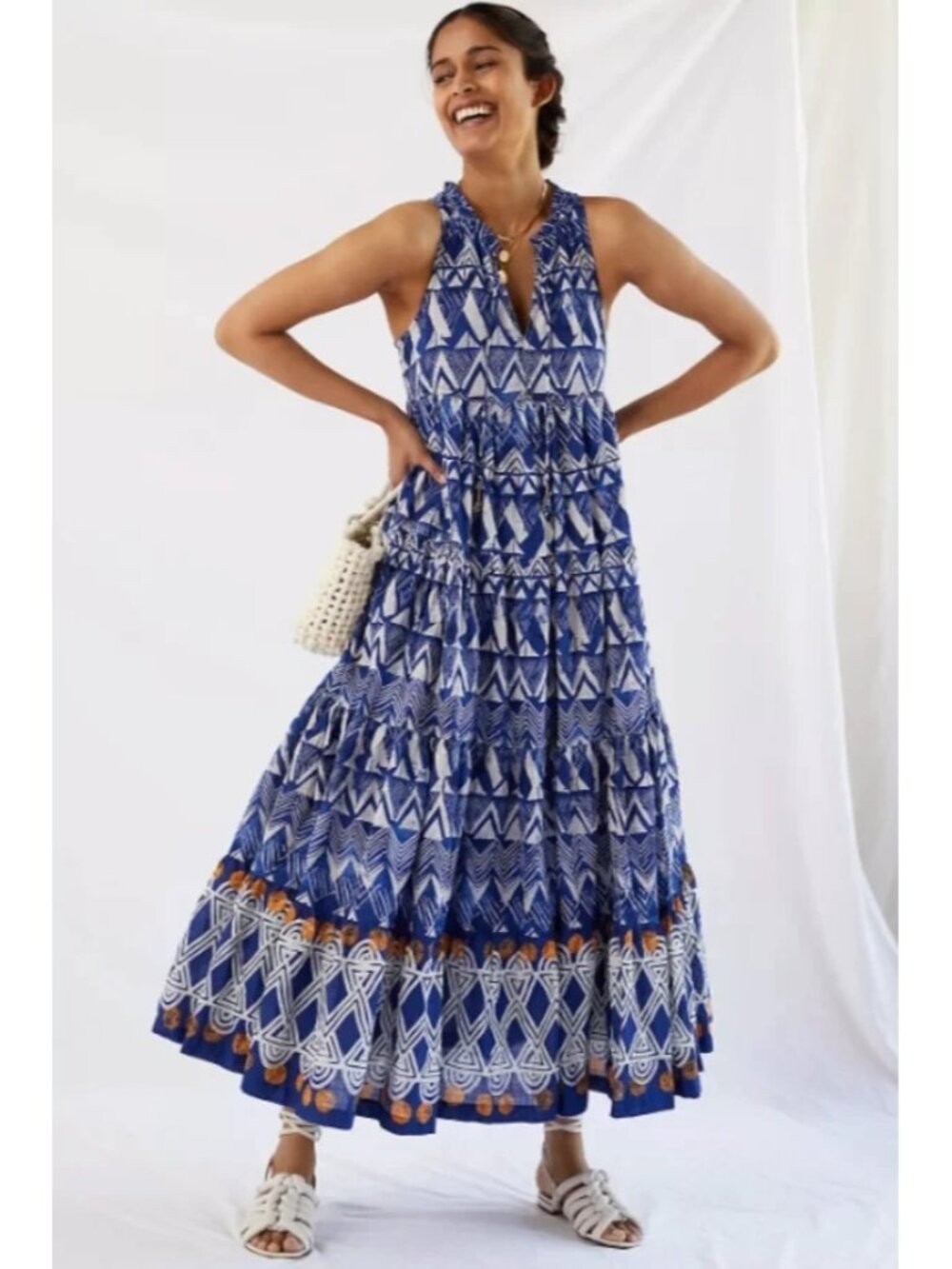 NWT Anthropologie Tiered Abstract Maxi in Blue Patterned Cotton Dress S